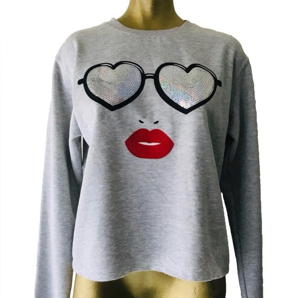 NWT Sequin MIGHTY FINE Face SWEATSHIRT L
